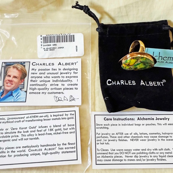 MOSAIC JASPER GEM RING, GREEN, SIZE ADJUSTABLE, LARGE STATEMENT RING, by CHARLES - Picture 4 of 8